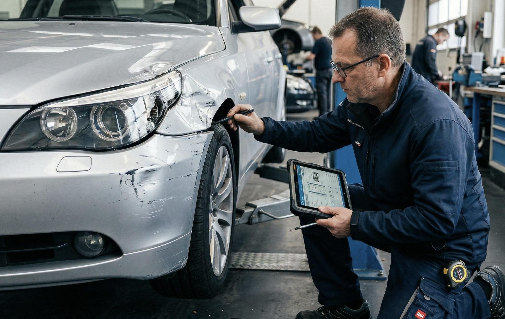 Kfz-Gutachter bei der Schadenaufnahme in der Werkstatt