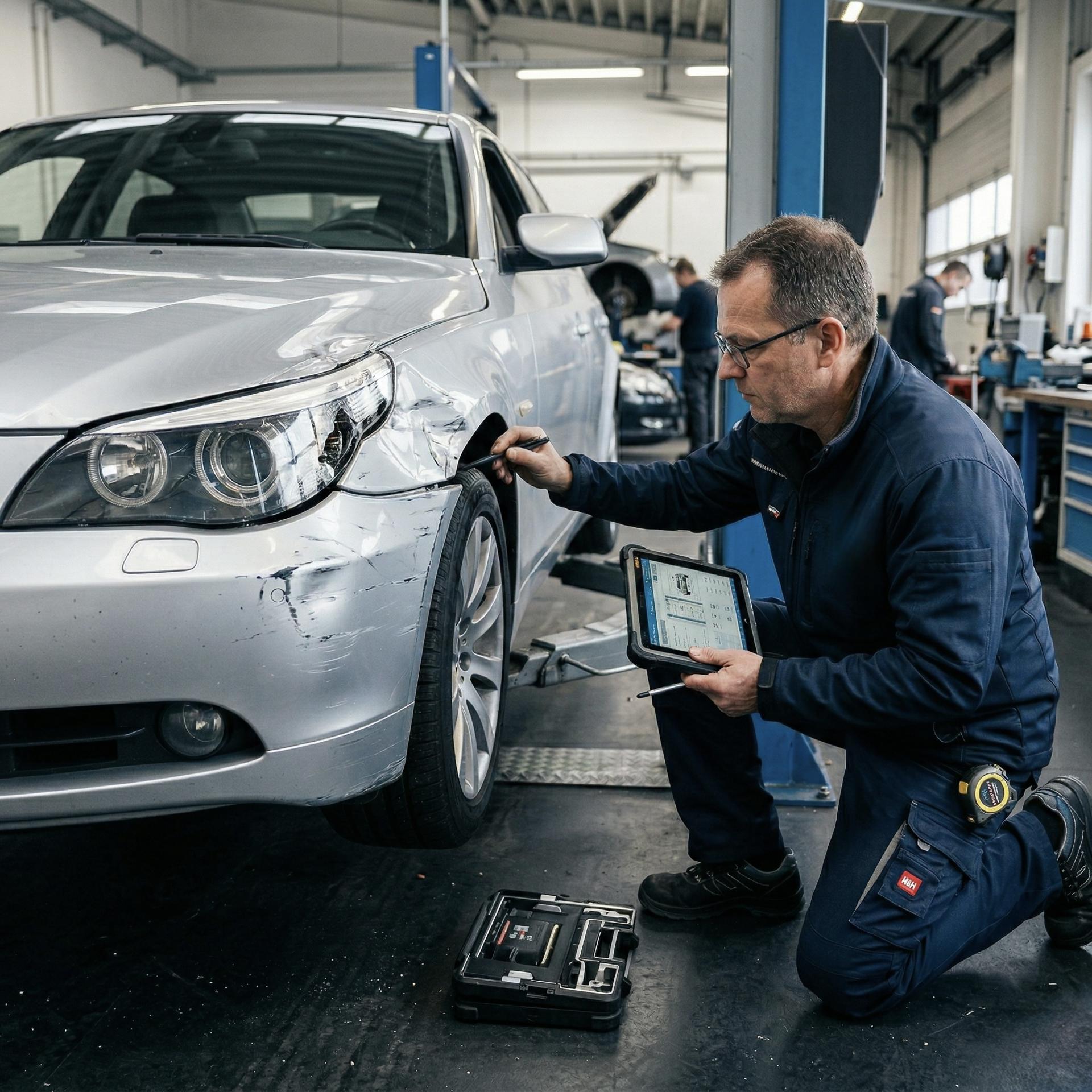 Gutachter vor einem Fahrzeug