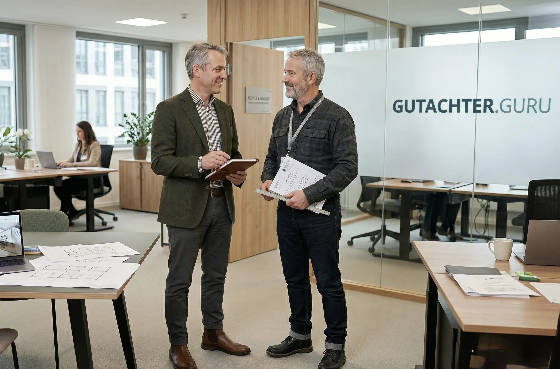 Gutachter vor einem Fahrzeug